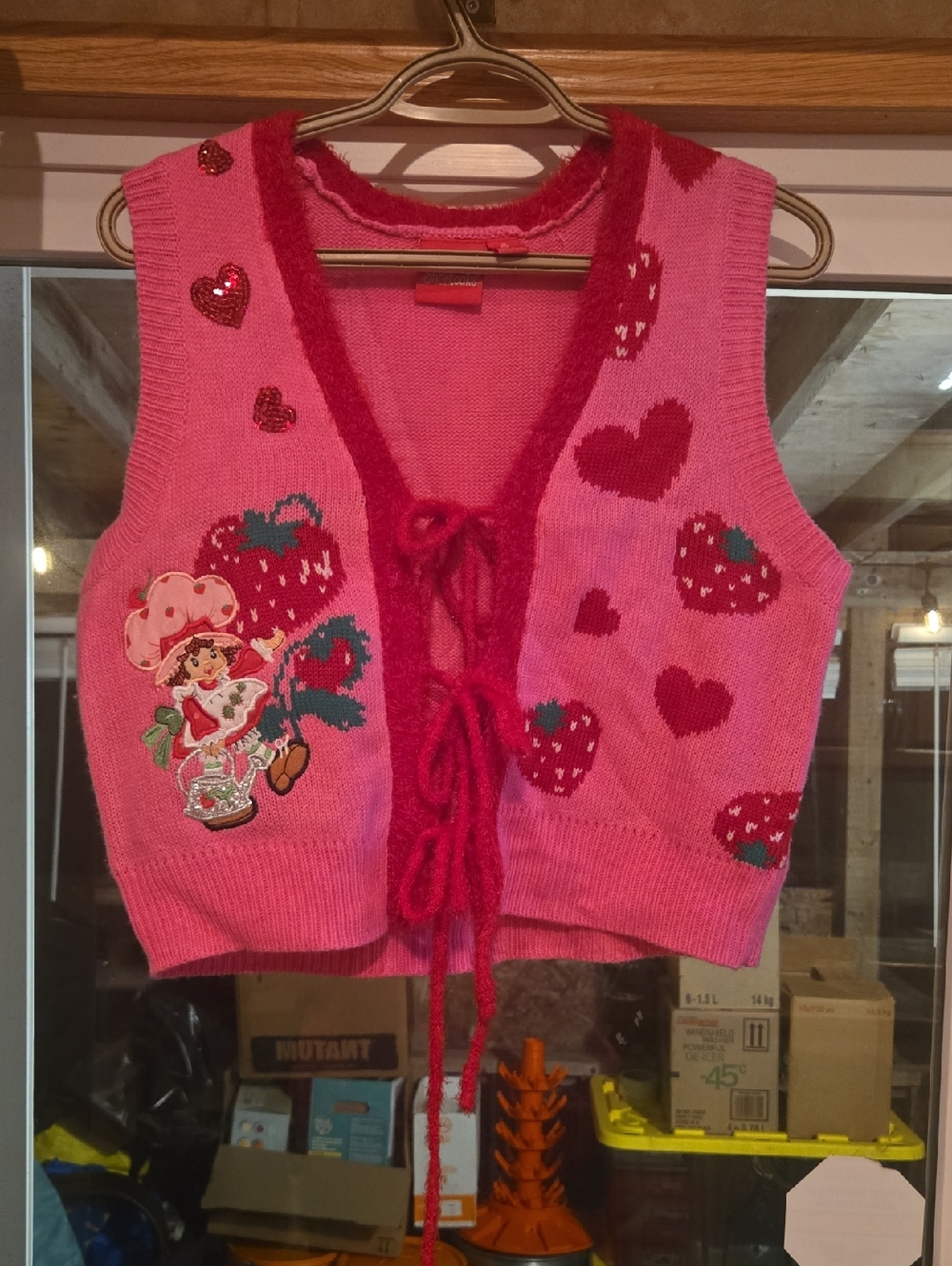 Pink Strawberry Shortcake & Heart Knit Tie-Front Vest New Size Small